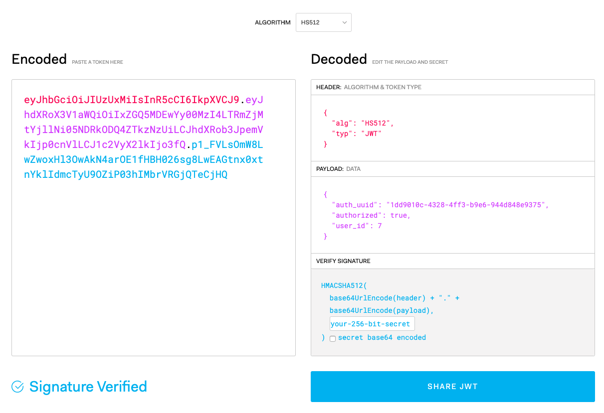 A JSON Web Token broken down using JWT.io